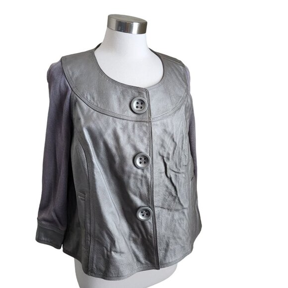 Nygard Jacket Pewter Leather Front Trim Collarless‎ Knit Back 3/4 Sleeves Size L - Picture 1 of 16